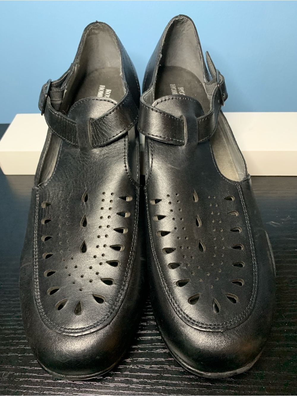 Ros Hommerson Black Cutout Leather Mary Jane Sandals